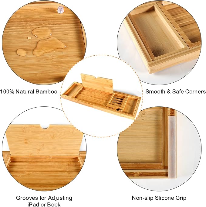 Premium Bamboo Bathtub Caddy Tray with Extending Sides, Adjustable Wood Bath Tray for Luxury Bath, Fits Most Tubs, Accessories Gift Idea
