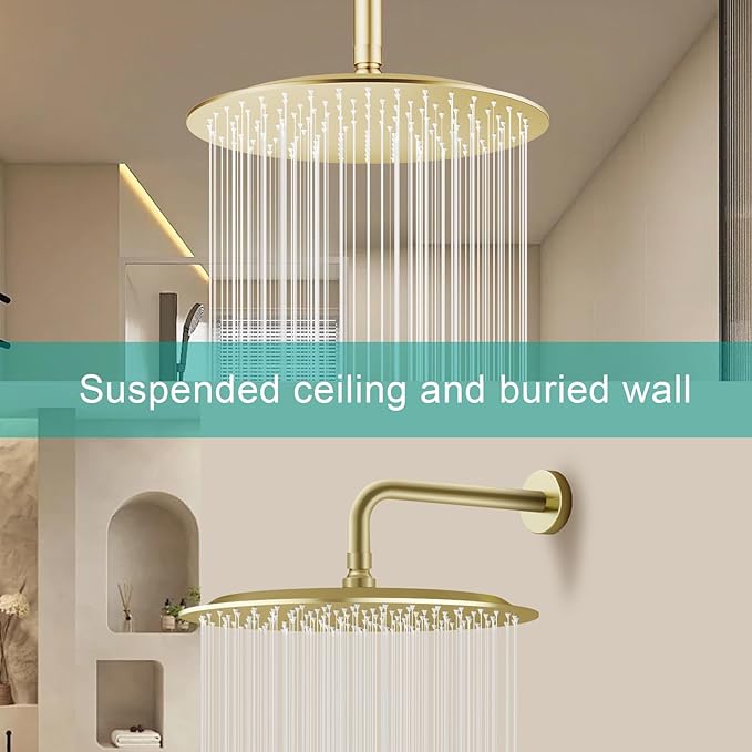 All Metal Rain Shower Head - Heavy Duty Stainless Steel, Easy Install, High Water Flow, Ultra-Thin Modern Design for Bathroom (F-Brushed Gold, 12)