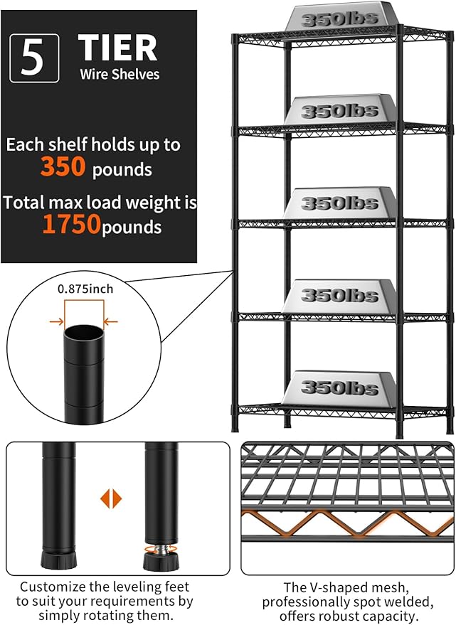 5 Tier Heavy Duty Adjustable Storage Shelf Organizer Storage Metal Shelves Garage Wire Shelving Unit Pantry Rack 18" D x 36" W x 71.25" H,Black