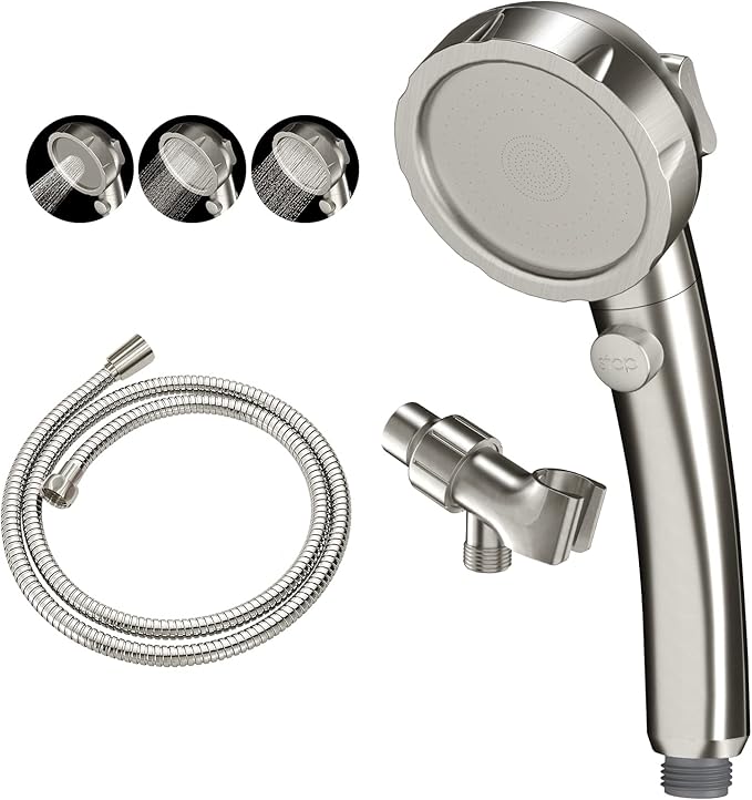 KAIYING Brushed Nickel High Pressure Handheld Shower Head with ON/OFF Switch, 3 Spray Modes, Adjustable Angle Bracket, and Hose