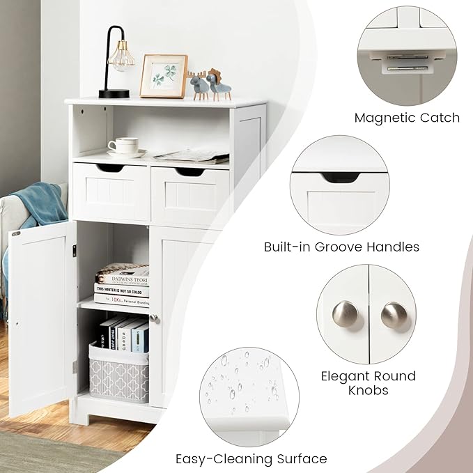 COSTWAY Bathroom Storage Cabinet, Freestanding Storage Organizer with 2 Drawers & Adjustable Shelf, Wooden Floor Cabinet for Living Room, Bedroom, Kitchen, Entryway (White)