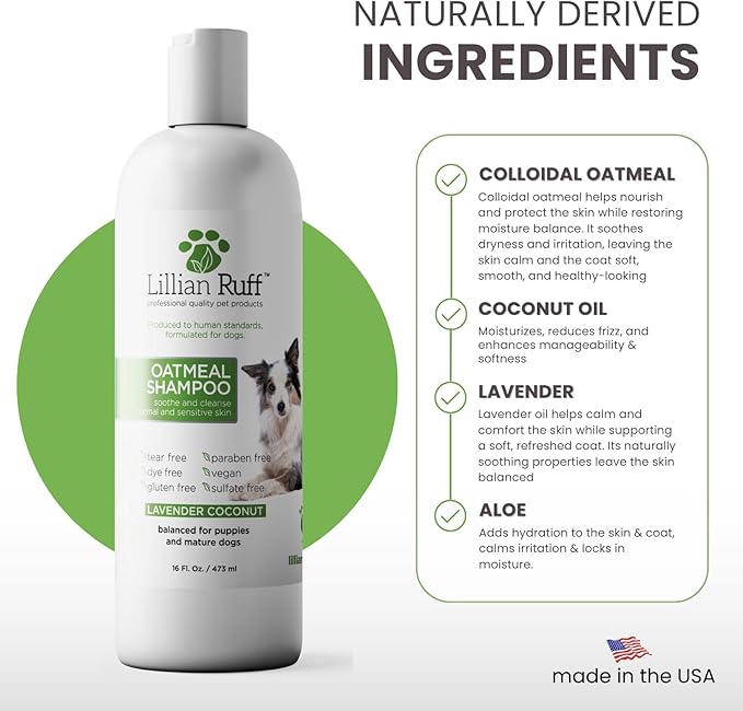 Lillian Ruff PRO Formula Deodorizing Oatmeal Dog Shampoo - Calms Itching & Allergies, Ultra-Nourishing Dry Skin Relief - Oatmeal, Aloe, Coconut Oil, Lavender & Provitamin B5 - Made in USA (16oz)