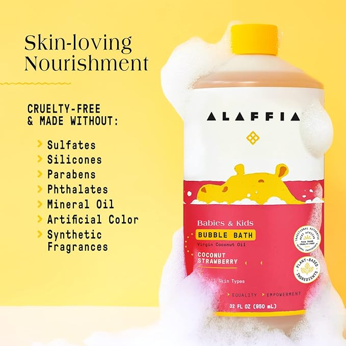 Alaffia Babies & Kids Bubble Bath, Coconut Strawberry, Pump Included – Gentle Cleanser with Raw Shea Butter and Hibiscus, 32 Fl Oz