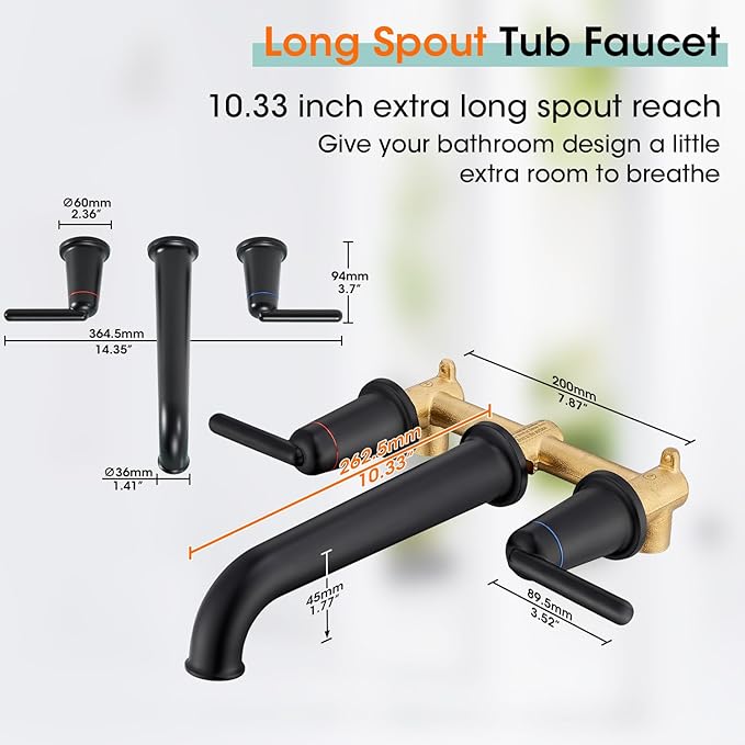 Wall Mount Tub Filler Tub Faucet with Rough-in Valve High Flow Tub Faucets 2-Handle Wall Mounted Bathtub Faucet Brass Roman Bath Tub Faucet Set Matte Black (WT-9806BK)