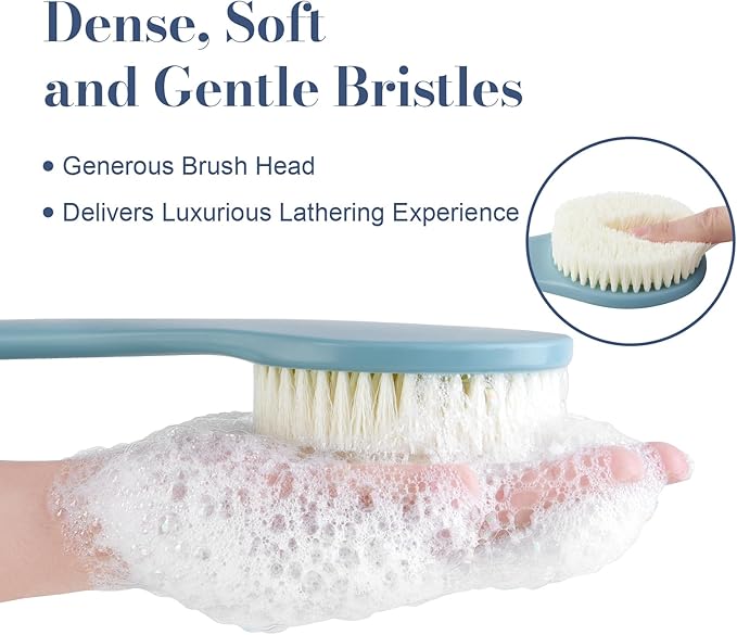 Back Scrubber for Shower, Shower Body Brush for Cleaning with Long Handle for Showering, 17 Inch Back Washer Exfoliator for Shower Men Women with Non-Slip Handle, Adhesive Hook (Blue)