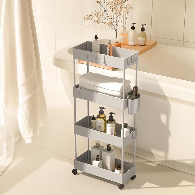 Pipishell Slim Storage Cart with Wheels, 4 Tier Bathroom Storage Organizer Rolling Utility Cart for Bathroom Kitchen Laundry Room Office Narrow Place (Gray)