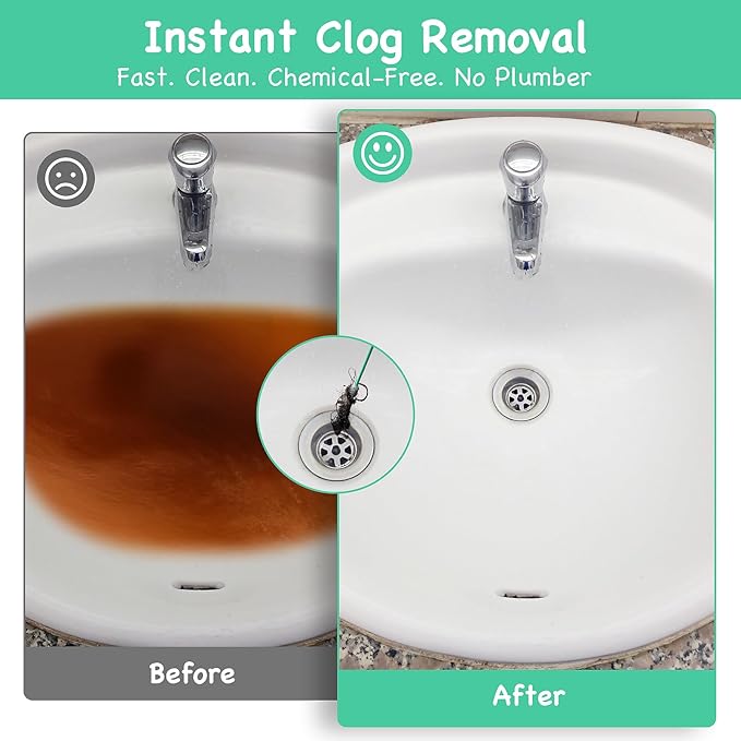 Drain Clog Remover Tool – 30”Anti-break Steel Sink Snake Hair Drain Cleaner Tool, Plumbing Snake with Rotating Handle & 6 Refills, Drain Hair Remover for Shower, Toilet, Kitchen Sink, Bathtub. 6-Pack