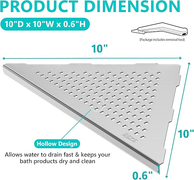 Bathroom Corner Shelf, Recessed 10" Shower Shelf Caddy, SUS304 Stainless Steel Shelf Wall Mount Triangular, No Drilling, Brushed Nickel