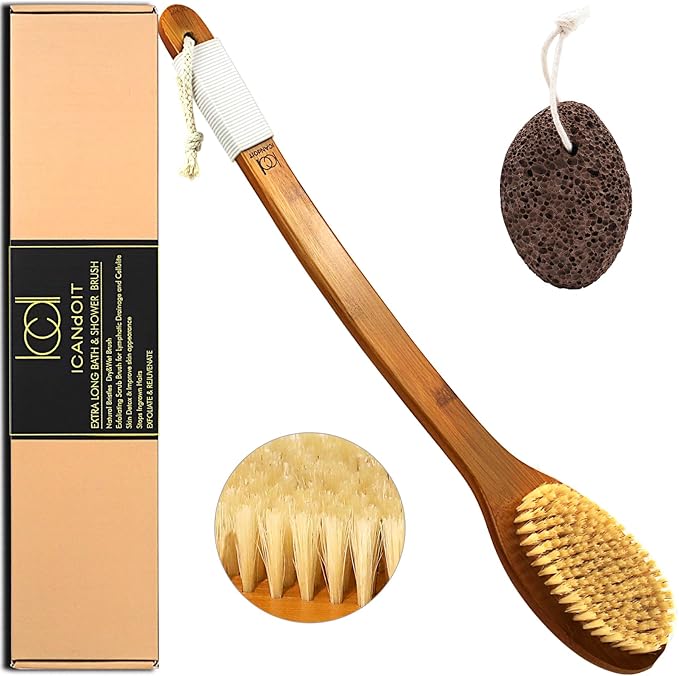 ICANdOIT-19.68Inch Natural Boar Bristles Anti-Slip Extra Long Handle Bath Brush,Bent Handle Shower Scrubber for Exfoliating,Shower Back Brush,Exfoliation Set with Pumice Stone (1 Pack)