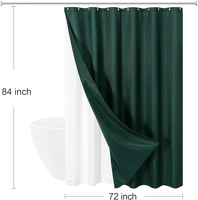 3 in 1 Extra Long Dark Green Shower Curtain Set-72 W x 84 H, Modern Waffle and PEVA Liner Set with 12 Stainless Steel Hooks, Waterproof Fabric for Bathroom