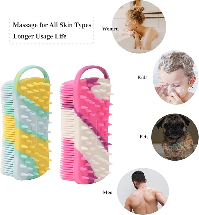 2 PC Silicone Body Scrubber, 2 in 1 Exfoliating Shower Bath Scrubber, Soft Silicone Loofah for Sensitive Skin, Shower Hair Scalp Massager, Easy to Clean, Lather Well (Purple & Yellow)