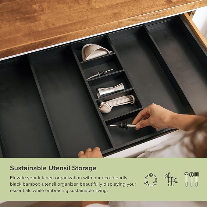 KitchenEdge Adjustable Kitchen Drawer Organizer for Utensils and Junk, Food-Safe Contract Grade with 100% Sustainable Wood, Expandable from 19 to 33 Inches Wide - Black Bamboo