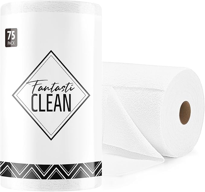 Fantasticlean Microfiber Cleaning Cloth Roll -75 Pack, Tear Away Microfiber Towels, 12" x 12", Reusable, Washable, Scratch Free, Ultra Absorbent Dish Rags for Car, Home, Garage or Shop (White)