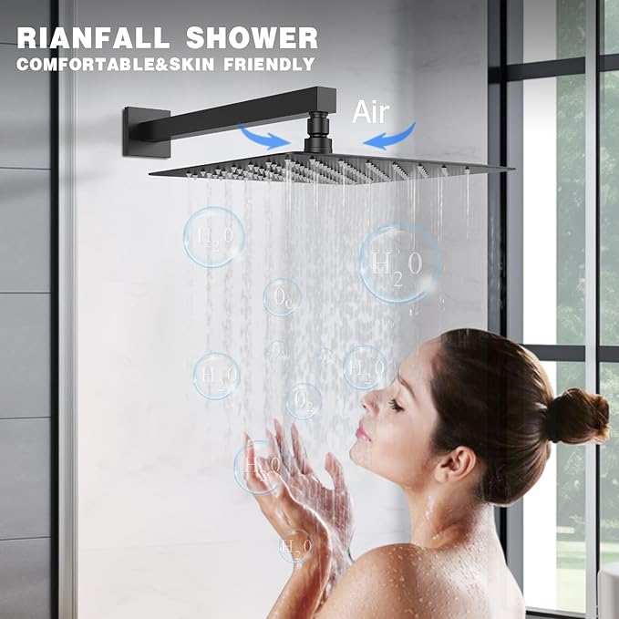 Rainfall Shower System with Handheld Spray and 12" Rain Shower Head, Can Be Use at Same Time, Push Button Multi Shower Head System for 2 People, Matte Black