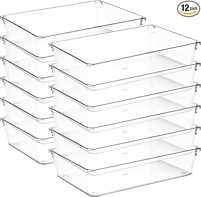 12 Pack Drawer Organizer - 6" X 9" Clear Acrylic Storage Bins with Non-Slip Pads, Versatile Desk Tray for Makeup, Jewelry, Kitchen, Bathroom, and Office Organization