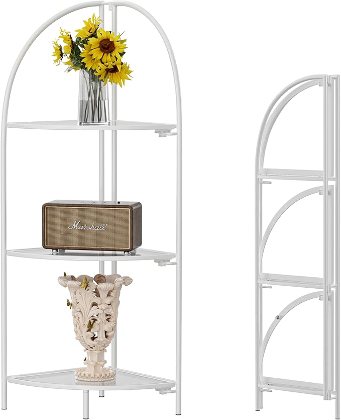 Crofy Foldable 3 Tier Corner Shelf, Metal Corner Plant Stand with White Frame and Transparent Shelves, Corner Display Rack Multipurpose Shelving Unit for Living Room, Bedroom, Bathroom