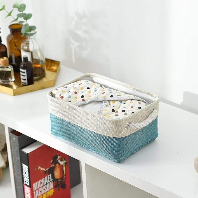 TheWarmHome Fabric Storage Bin with Handles,Storage Basket for Home Storage and Organization, Shelf Basket with Cover for Living Room Bedroom Decor Closet（White & Green,Small ,11.8L×7.9W×5.2H