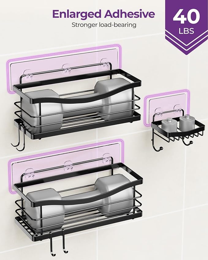 ODesign Shower Caddy 3 Pack-Shower Organizer Shelves Rack Rustproof SUS304 Stainless Steel for Bathroom Storage&Kitchen-No Drilling Adhesive Shower Caddy Shelf with 4 Hooks Suction Cup-Black