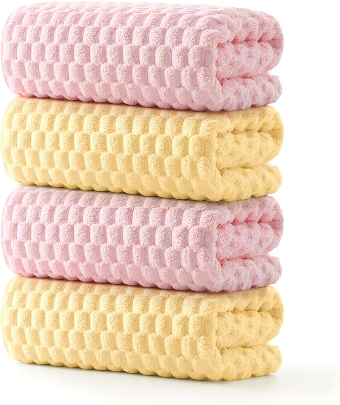 REDKISS Microfiber Bath Towels Set of 4-27x55 Inch Large Waffle Bath Towels for Body, Highly Absorbent, Super Soft, Lint Free Fluffy Shower Towel for Bathroom,Gym, Lightweight Towel Set Pink,Yellow