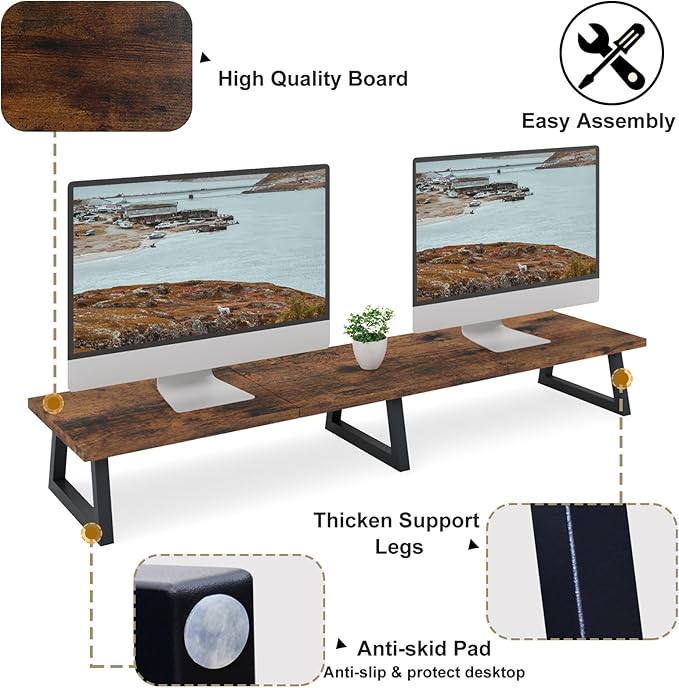 TEAMIX 42 inch Large [Dual] [Monitor] [Riser],Rustic Brown Extra Long TV [Stand Wood & Steel Desktop [Riser] with Storage for [Dual] Screen Office Desk Organization