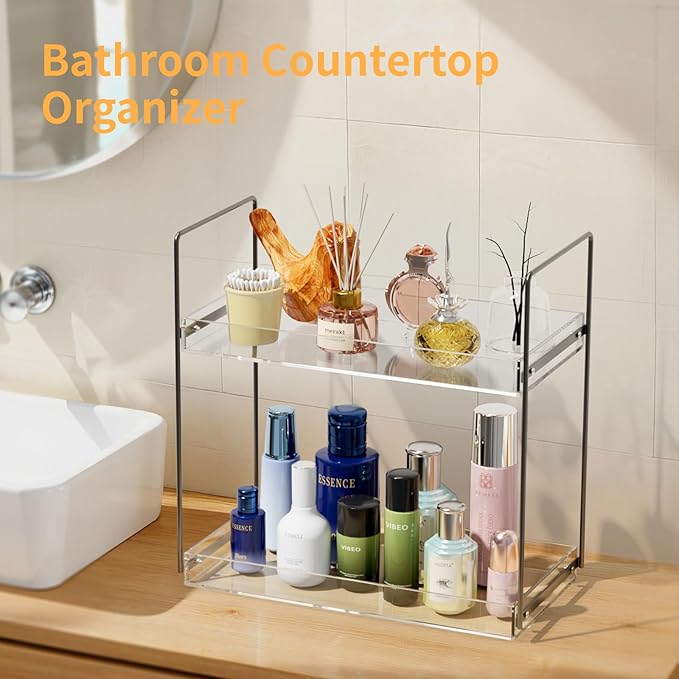 Bathroom Countertop Organizer, 2 Tier Acrylic Tray Vanity Counter Skincare Organizer Shelf, Home Storage Holder for Lotion Makeup Cosmetics Perfume Spice, Black+Clear