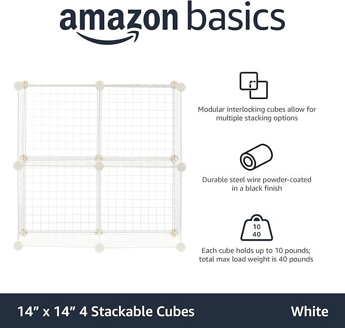 Amazon Basics 4 Cube Storage Organizer - Wire Grid Closet and Storage Shelves, Stackable, White 14"x14"x14"