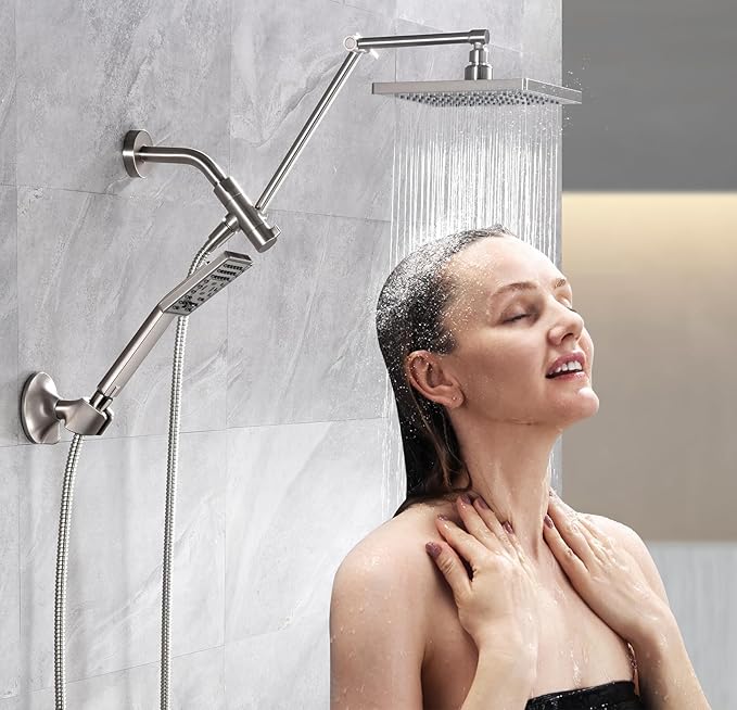 BRIGHT SHOWERS High Pressure Rain Shower Head Combo with Double Extension Arm, 8 Inch Rainfall Shower Head with Handheld Spray, Height Adjustable Dual Square Showerhead Set, Brushed Nickel