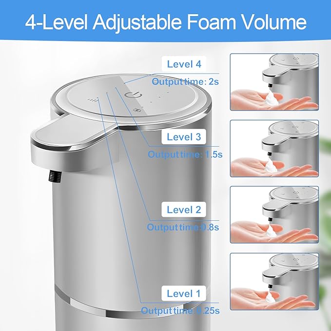Automatic Foaming Soap Dispenser - Hand Free Pump Touchless Soap Dispenser USB Rechargeable Dispenser with 380ml, 4levels Adjustable Dispenser for Bathroom Kitchen