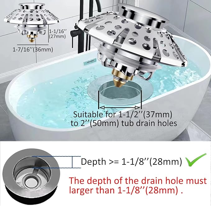 Universal Tub Stopper Bathtub Drain Plug, Pop Up Tub Drain Hair Catcher, Drain Cover with Strainer, for 1-3/8 to 2in Bath Drain Hole