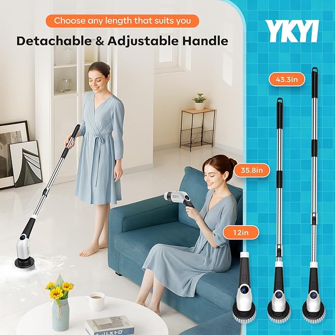 YKYI Electric Spin Scrubber,Cordless Cleaning Brush,Shower Cleaning Brush with 8 Replaceable Brush Heads,Power Scrubber 3 Adjustable Speeds,Adjustable & Detachable Long Handle,Voice Broadcast