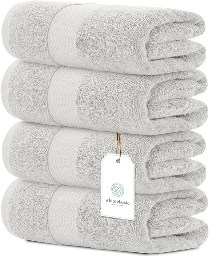 White Classic Luxury Bath Towels Set of 4 Large - 700 GSM Cotton Ultra Soft Bath Towels 27x54 | Highly Absorbent and Quick Dry | Hotel Towels for Bathroom Luxury, Plush Shower Towels, Silver