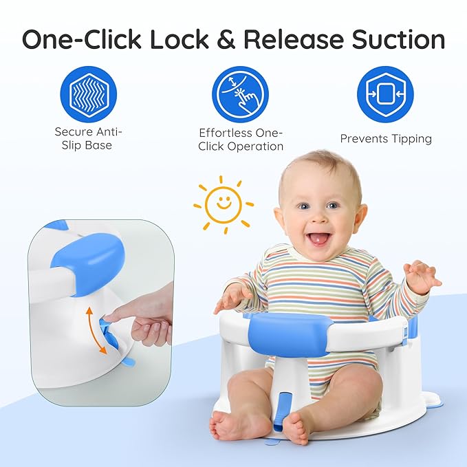 Baby Bath Seat Baby Bathtub - with Strong Suction Cups and 360° Surround Support – Easy Release, Non-Slip Cushion, Lockable Armrests – Infant Bath Chair for Babies 6-24 Months, Blue