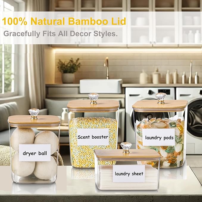 Large 4 Pack Laundry Pods Container & Laundry Powder Container, Plastic Laundry Room Organization and Storage Jars, Dryer Sheet Holder with Lid, Scoops, 16 Labels