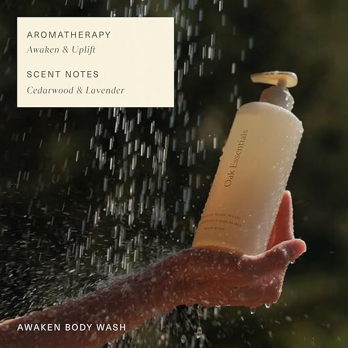Oak Essentials Awaken Body Wash | Hydrating Shower Gel with Lavender Oil, Cedarwood Oil & Rice Bran Extract, 10.1 Fl Oz