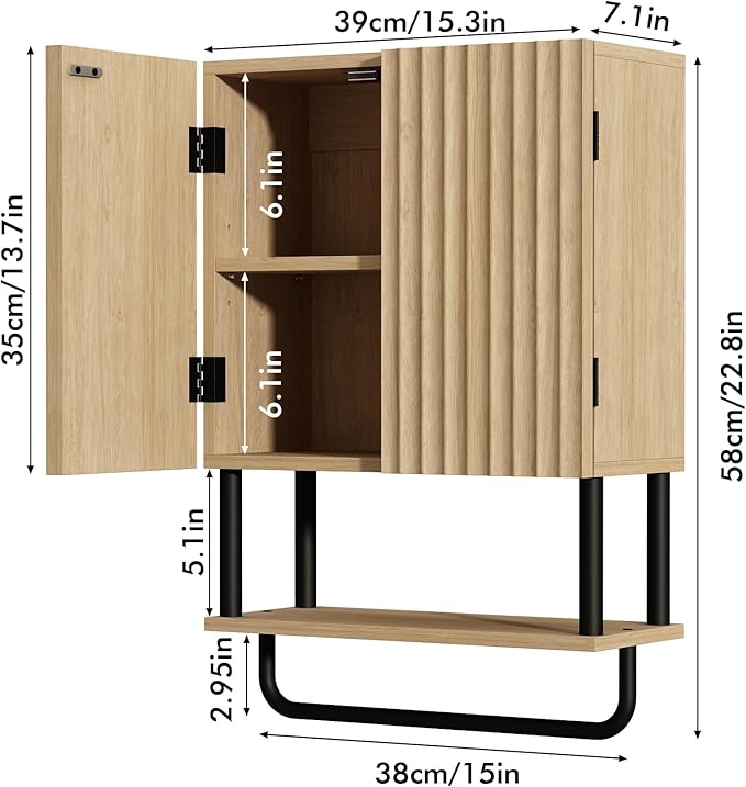 RUSTOWN Farmhouse Bathroom Wall Cabinet with 2 Door, 3-Tier Curved Profile Wooden Medicine Cabinet, Wall Mounted Storage Cabinet with Adjustable Shelf and Towel Bar (Natural, Small)