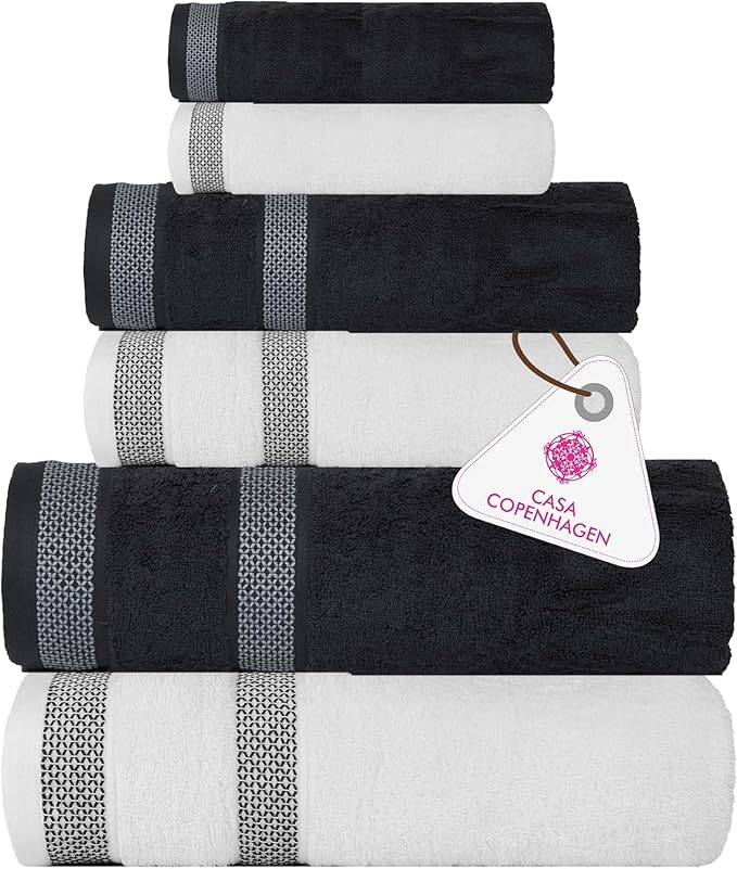 CASA COPENHAGEN® Solitaire Mix 6 Pieces Towel Set- White + Pine Grey, 600 GSM 2Bath Towel 2Hand Towel 2Washcloth, Designed in Denmark Made of Soft Egyptian Cotton for Bathroom, Kitchen & Shower