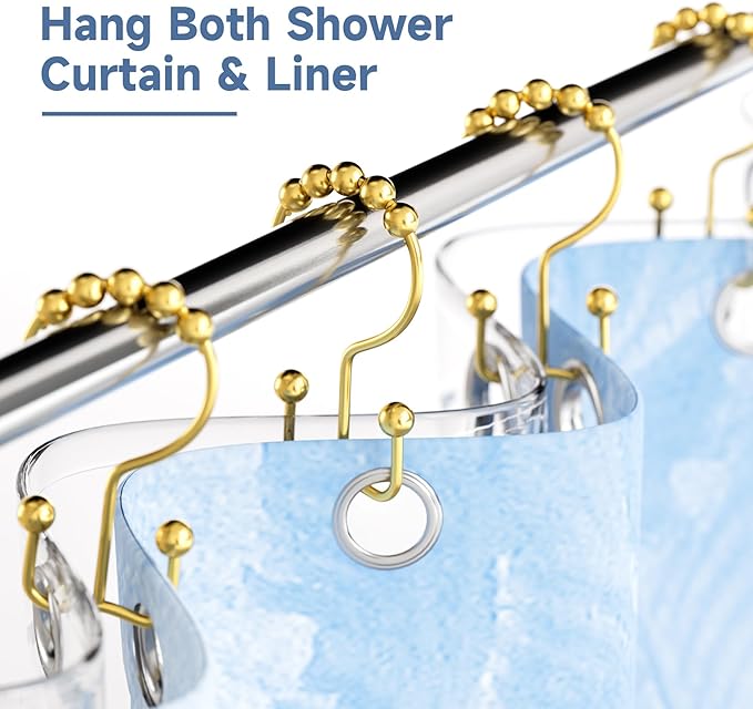 Titanker Shower Curtain Hooks Rings Gold, Metal Double Glide Shower Hooks Rings for Bathroom Shower Rods Curtains, Set of 12 Hooks - Dark Gold