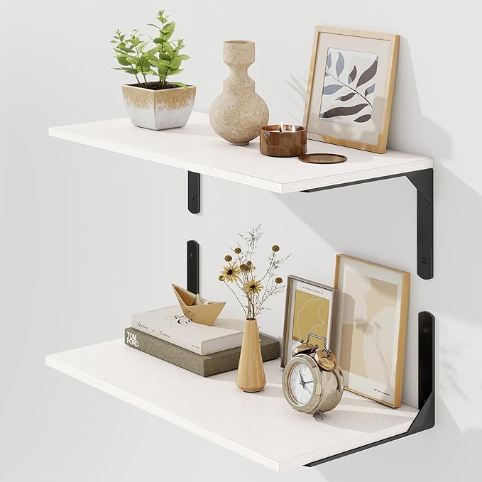 Fun Memories Deep Floating Shelves for Wall, 12 Inch Deep White Wall Shelf, 24 Inch Long Floating Shelves with Bracket Set of 2, Rustic Deep Storage Shelf for Bedroom, Living Room, Kitchen