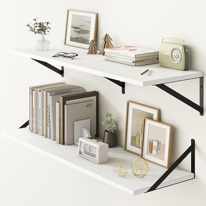 Fun Memories 40 Inch Floating Shelves, 12 Inch Deep Wall Shelf, 40 x 12 Floating Shelf Set of 2, White Wood Floating Shelf Wall Mounted, Large Kitchen Living Room Bedroom Storage Shelves