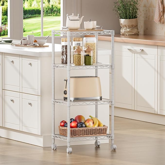 SINGAYE 4 Small Shelves Storage Shelf Wire Shelving Unit Metal Shelf Adjustable Organizers Storage Shelving with Wheels for Bathroom Laundry Room Kitchen Pantry11.5”D x 17.3”W x 44.5”H White