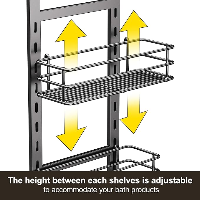 Orimade 4 Tier Adjustable Anti-slip Shower Caddy over Shower Head,Rustproof Bathroom Hanging shower Organizer with 4 Hooks for Razor,No Drilling Shower shelves Storage Rack,Grey