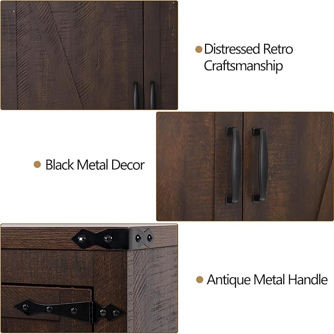 71" Tall Kitchen Pantry,Farmhouse Storage Cabinet with Adjustable Shelves,Load-Bearing Steel Pipe,Farmhouse Pantry Cabinet with 4 Barn Doors, for Kitchen,Dining Room,Living Room(Brown)