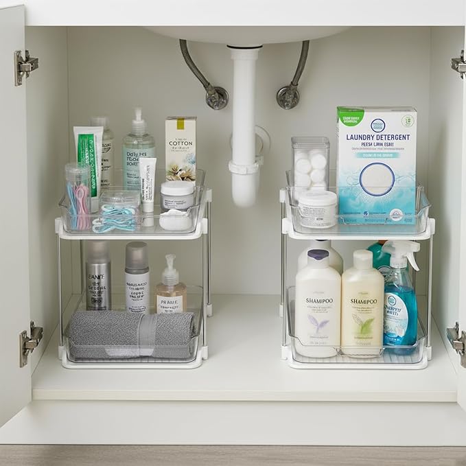 Bathroom Organizers And Storage – With Multipurpose Holder, 2 Sets of 2 Tiers Stackable Under Sink Bathroom Drawer Organizer Multi-Purpose Pantry Organizer And Kitchen Organization With Dividers