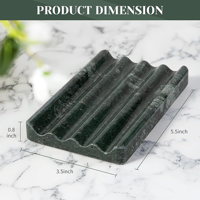 2PCS Koville Indian Natural Green Marble Soap Dish for Shower, Stone Soap Tray for Bathroom, Marble Bar Soap Holder for Sink, Stripe Grooves Soap Saver Sponge Holder
