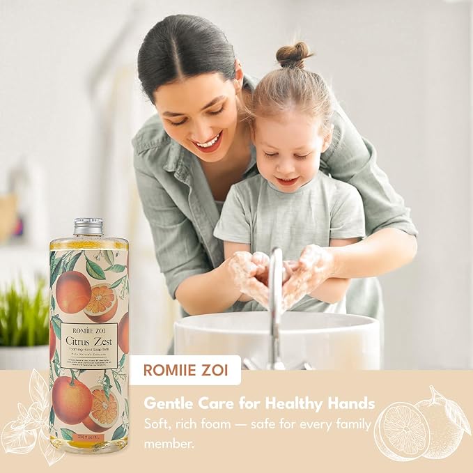 ROMIIE ZOI Citrus Zest Foaming Hand Soap Refill Gift Set – 3 Pack (33.8 Fl Oz Each) with Refillable Dispenser, Moisturizing, Biodegradable & Chemical-Free Formula for Kitchen, Bathroom, Sensitive Skin