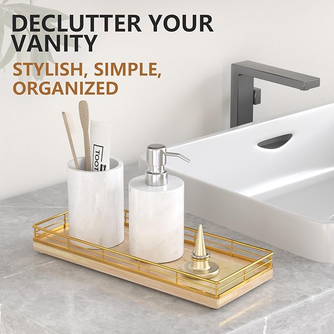 Bathroom Tray for Counter Top Organizer – Oak Wood Vanity Tray with Metal Frame for Dresser, Kitchen, Nightstand – Gold & Oak Decorative Storage