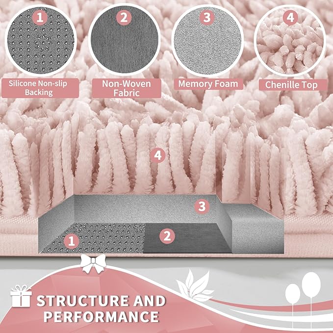 Yimobra Toilet Rugs U Shaped Washable, Extra Thick Soft Absorbent Chenille Contour Bathroom Rugs for Toilet 24x24 Inch, Quick Dry Non Slip Toilet Mat for Bath Floor, Pink