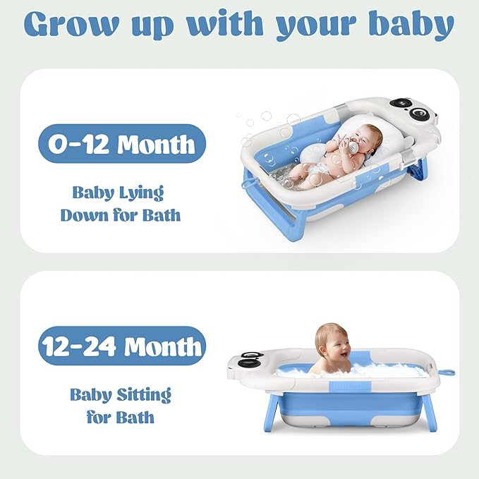 Foldable Baby Bathtub, Lightweight Bathtub for Infants to Toddlers with Soft Cushion & Thermometer, Portable Baby Tub Newborn to Toddler 0-24 Months(Blue)