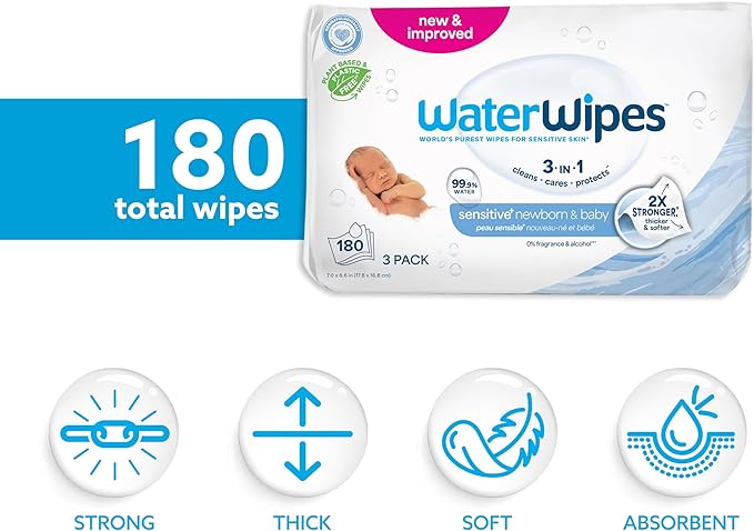 WaterWipes Sensitive+ Newborn & Baby Wipes, 3-In-1 Cleans, Cares, Protects, 99.9% Water, Unscented & Hypoallergenic, 180 Count (3 Packs)