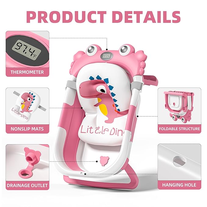 Collapsible Baby Bathtub for Newborns to Toddler with Real-time Temp Monitor & Floating Cushion,Portable Travel Tub for 0-36 Month, Foldable Baby Bath Tub for Infants Girl (Pink)